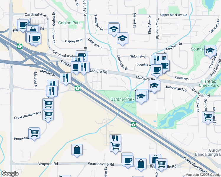 map of restaurants, bars, coffee shops, grocery stores, and more near 30942 Gardner Avenue in Abbotsford