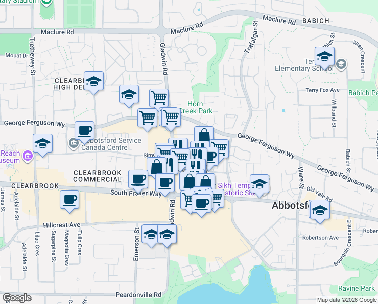 map of restaurants, bars, coffee shops, grocery stores, and more near 32858 Landeau Place in Abbotsford
