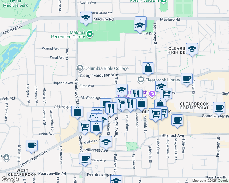 map of restaurants, bars, coffee shops, grocery stores, and more near 2821 Tims Street in Abbotsford