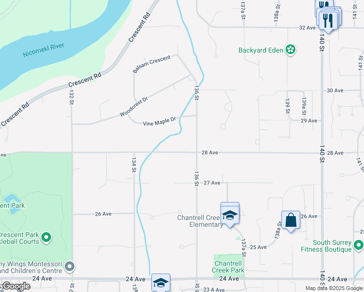 map of restaurants, bars, coffee shops, grocery stores, and more near 13563 28 Avenue in Surrey