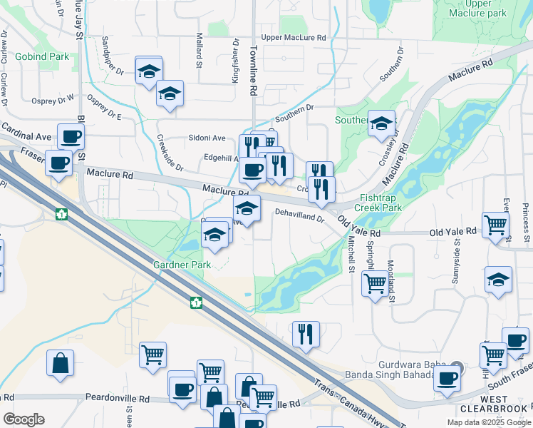 map of restaurants, bars, coffee shops, grocery stores, and more near 2815 Dehavilland Drive in Abbotsford