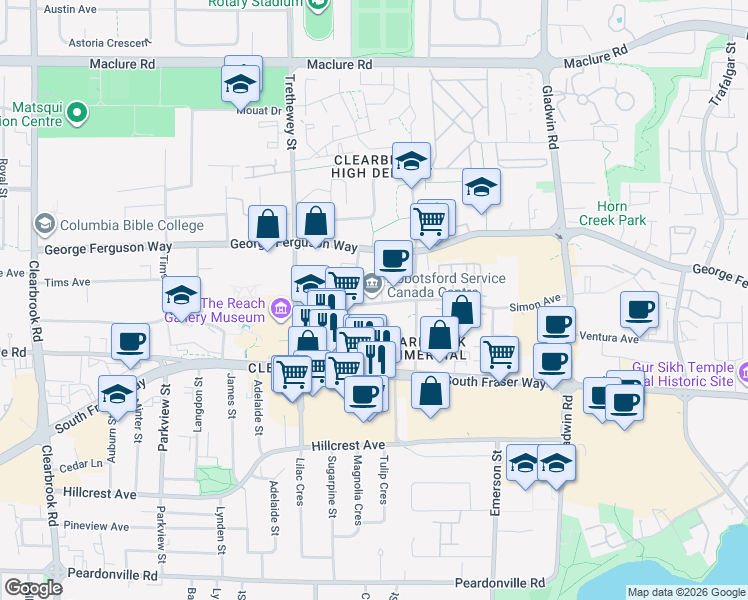 map of restaurants, bars, coffee shops, grocery stores, and more near 32515 Simon Avenue in Abbotsford