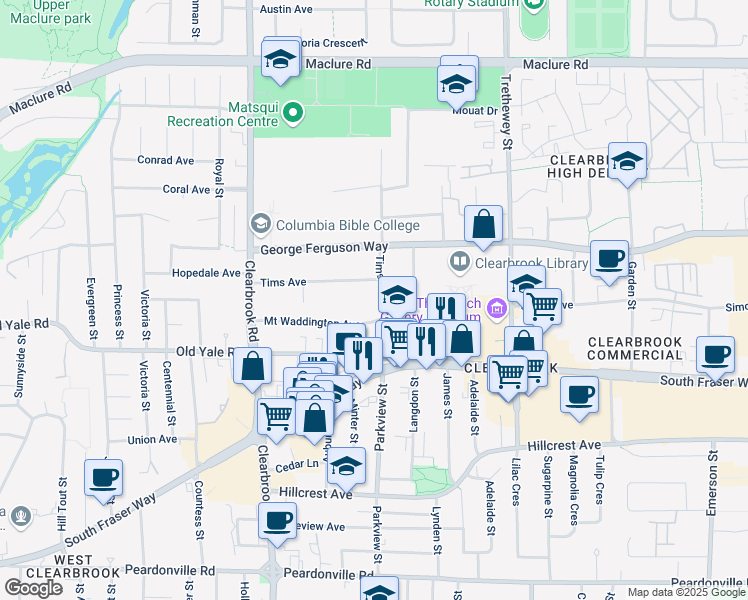 map of restaurants, bars, coffee shops, grocery stores, and more near 2821 Tims Street in Abbotsford