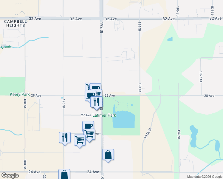 map of restaurants, bars, coffee shops, grocery stores, and more near 19255 28 Avenue in Surrey