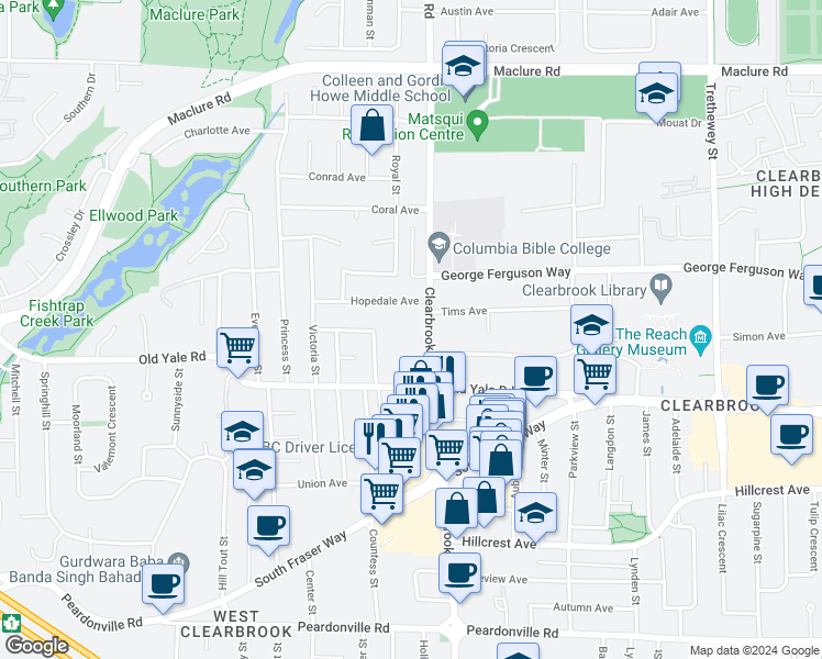 map of restaurants, bars, coffee shops, grocery stores, and more near 2825 Clearbrook Road in Abbotsford