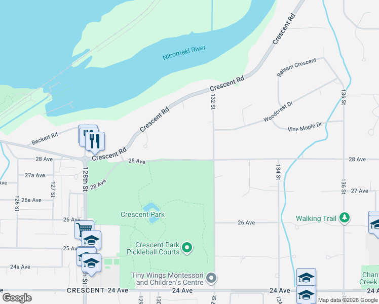 map of restaurants, bars, coffee shops, grocery stores, and more near 13097 28 Avenue in Surrey