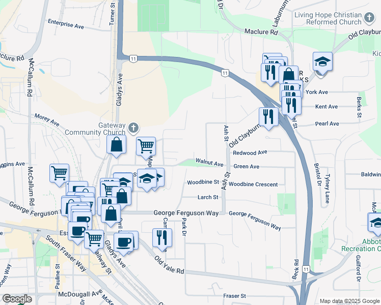 map of restaurants, bars, coffee shops, grocery stores, and more near 2837 Cambridge Street in Abbotsford