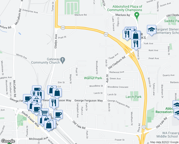map of restaurants, bars, coffee shops, grocery stores, and more near 2837 Cambridge Street in Abbotsford