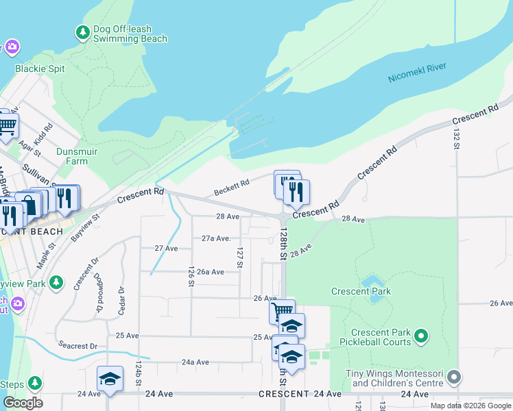 map of restaurants, bars, coffee shops, grocery stores, and more near in Surrey