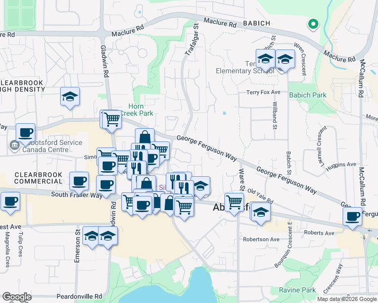 map of restaurants, bars, coffee shops, grocery stores, and more near 2830 Bourquin Crescent West in Abbotsford