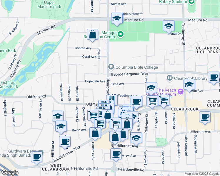 map of restaurants, bars, coffee shops, grocery stores, and more near 2832 Clearbrook Road in Abbotsford