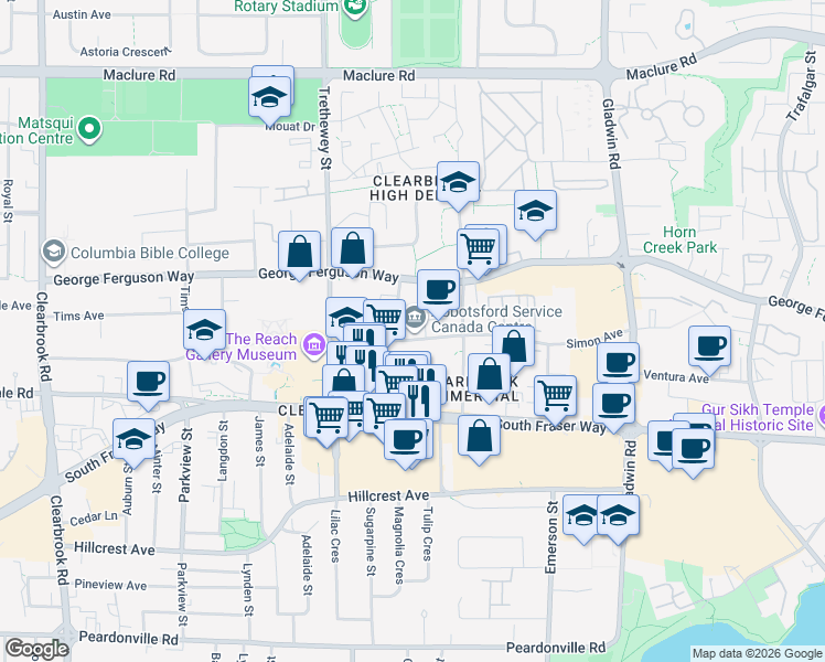 map of restaurants, bars, coffee shops, grocery stores, and more near 32515 Simon Avenue in Abbotsford