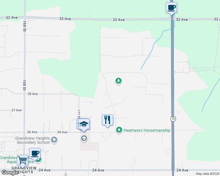 map of restaurants, bars, coffee shops, grocery stores, and more near 2836 Country Woods Drive in Surrey