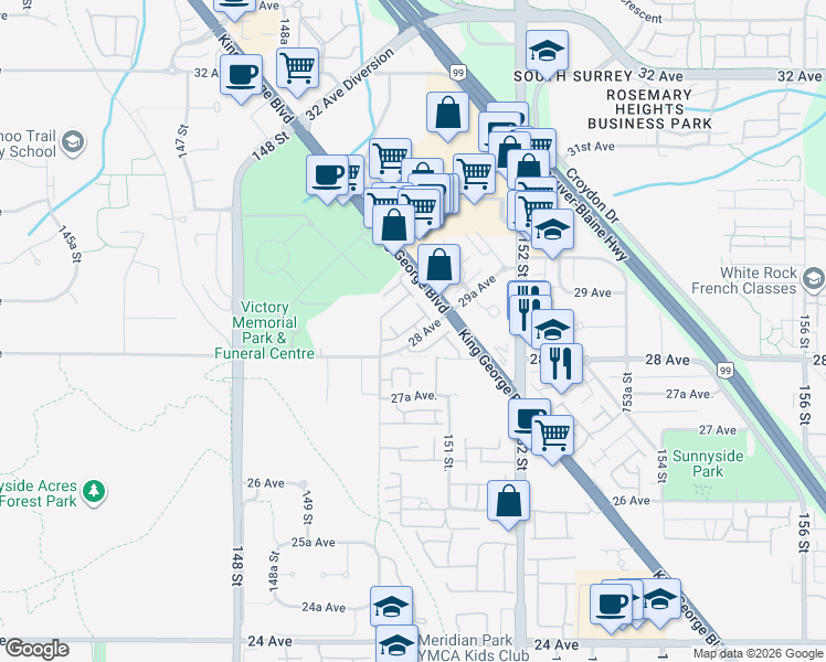 map of restaurants, bars, coffee shops, grocery stores, and more near 15099 28 Avenue in Surrey