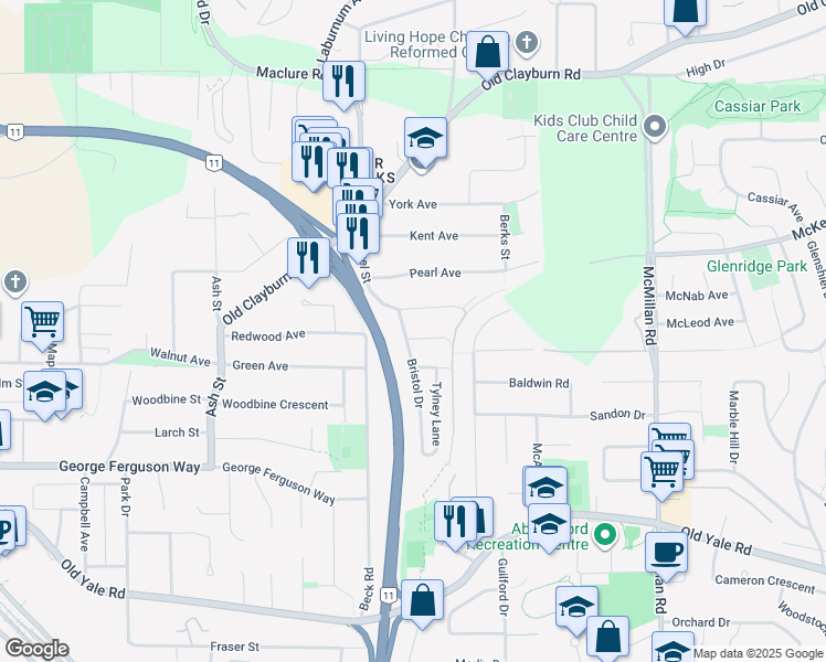 map of restaurants, bars, coffee shops, grocery stores, and more near 34453 Marcliffe Place in Abbotsford