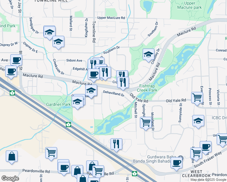 map of restaurants, bars, coffee shops, grocery stores, and more near 31287 Dehavilland Drive in Abbotsford