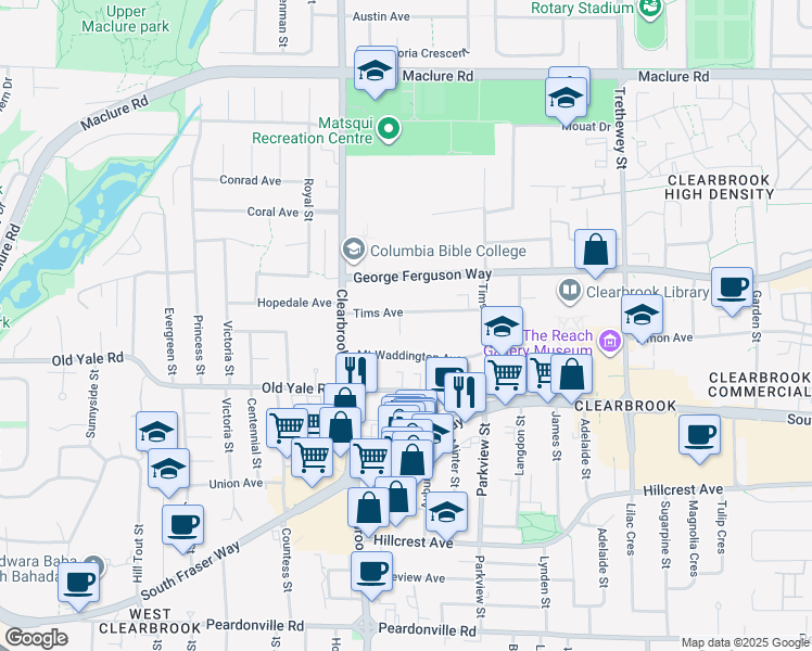 map of restaurants, bars, coffee shops, grocery stores, and more near 2838 Alice Street in Abbotsford