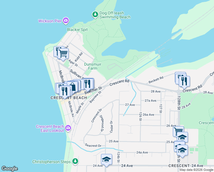 map of restaurants, bars, coffee shops, grocery stores, and more near 2842 Bayview Street in Surrey