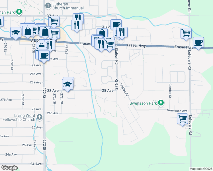 map of restaurants, bars, coffee shops, grocery stores, and more near 216 Davis Crescent in Langley Township