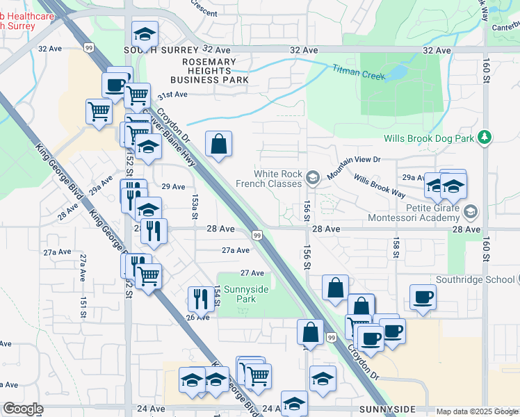 map of restaurants, bars, coffee shops, grocery stores, and more near 2828 Croydon Drive in Surrey