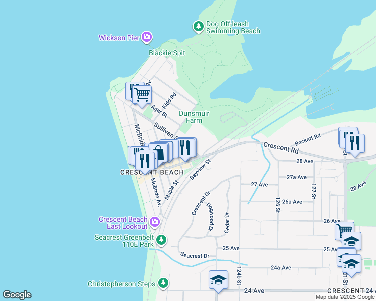 map of restaurants, bars, coffee shops, grocery stores, and more near 12318 Sullivan Street in Surrey