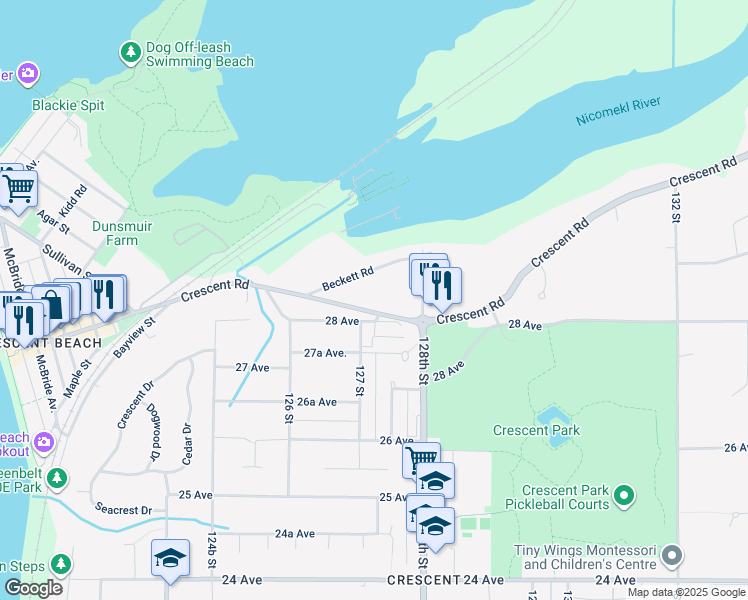map of restaurants, bars, coffee shops, grocery stores, and more near 12737 Crescent Road in Surrey