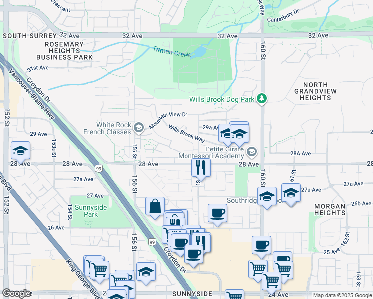 map of restaurants, bars, coffee shops, grocery stores, and more near 2855 158 Street in Surrey