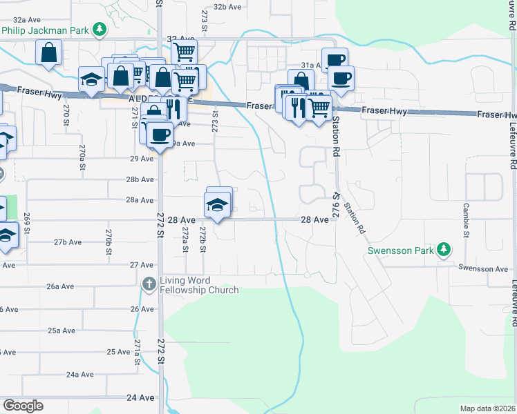 map of restaurants, bars, coffee shops, grocery stores, and more near 27411 28 Avenue in Langley Township