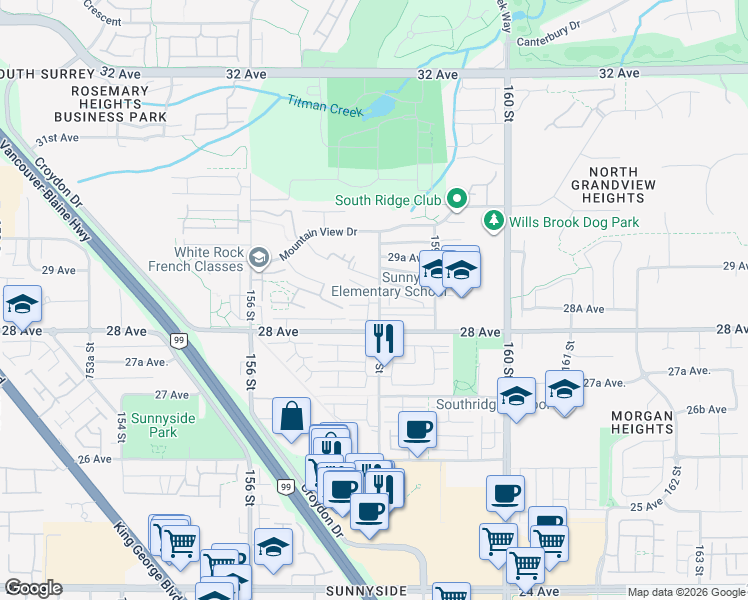 map of restaurants, bars, coffee shops, grocery stores, and more near 2855 158 Street in Surrey