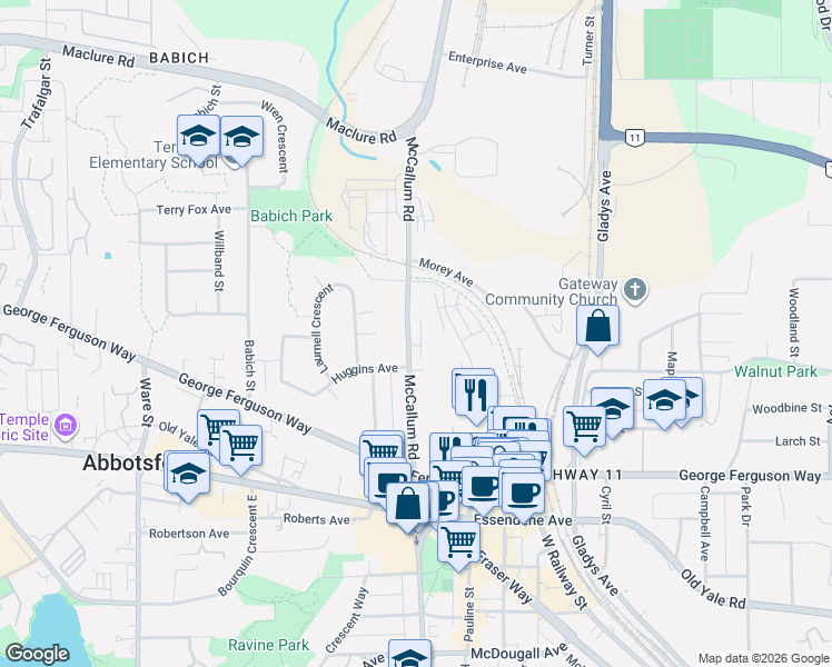 map of restaurants, bars, coffee shops, grocery stores, and more near 2850 McCallum Road in Abbotsford