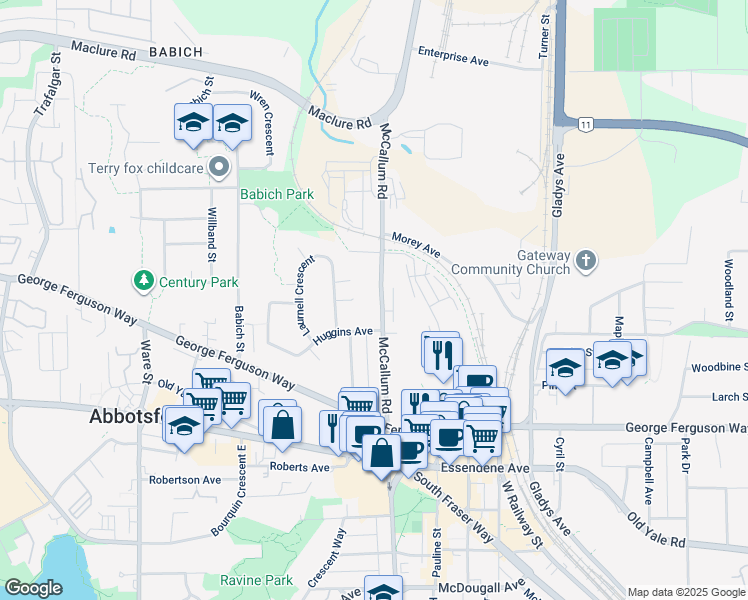 map of restaurants, bars, coffee shops, grocery stores, and more near 33561 Huggins Avenue in Abbotsford