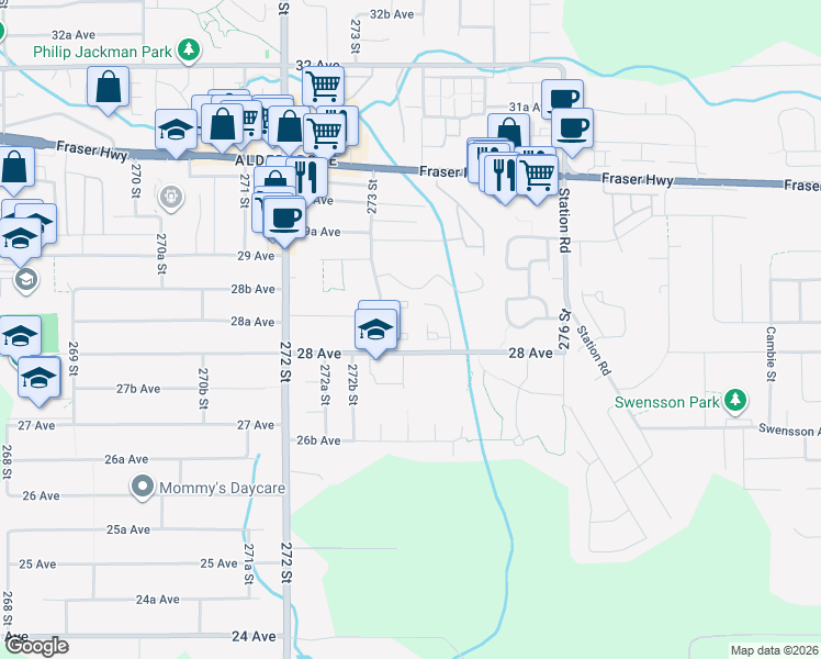 map of restaurants, bars, coffee shops, grocery stores, and more near 2844 273 Street in Langley Township