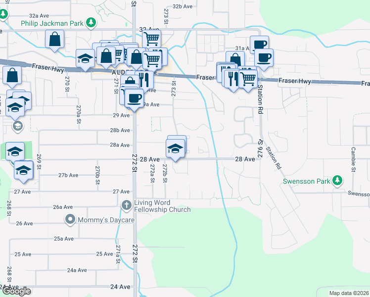 map of restaurants, bars, coffee shops, grocery stores, and more near 2844 273 Street in Langley Township