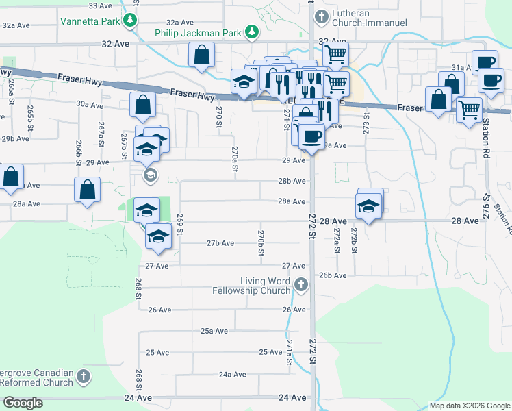 map of restaurants, bars, coffee shops, grocery stores, and more near 27056 28A Avenue in Langley Township