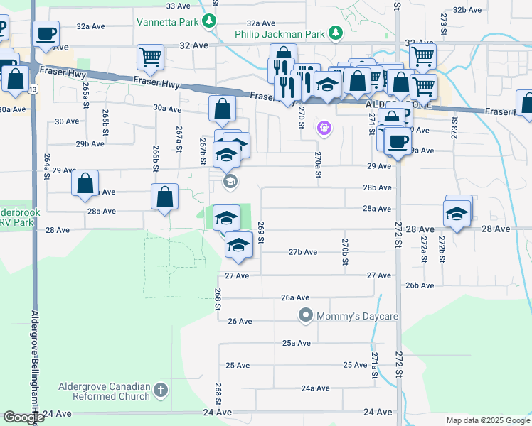 map of restaurants, bars, coffee shops, grocery stores, and more near 26918 28A Avenue in Langley Township