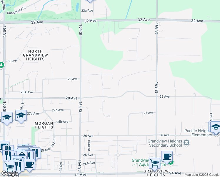 map of restaurants, bars, coffee shops, grocery stores, and more near 16532 28A Avenue in Surrey