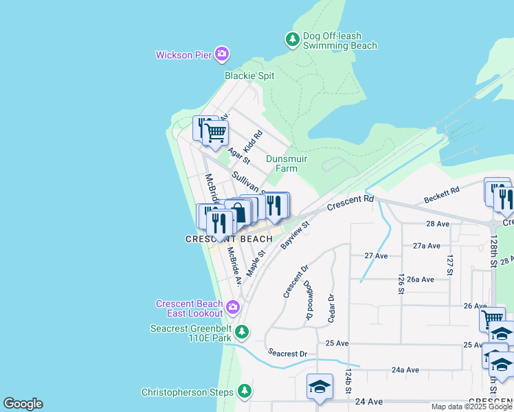 map of restaurants, bars, coffee shops, grocery stores, and more near 2831 Gordon Avenue in Surrey