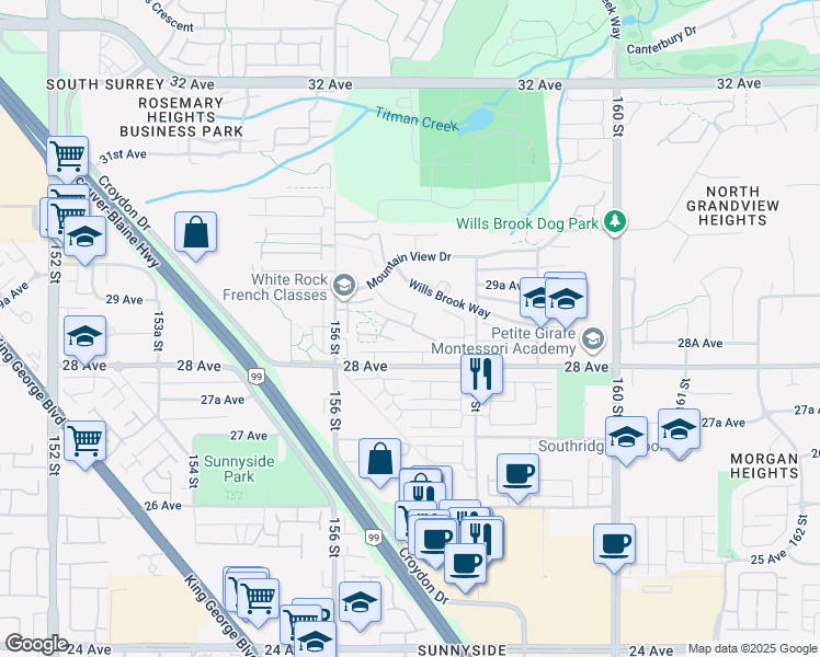 map of restaurants, bars, coffee shops, grocery stores, and more near 2853 Helc Place in Surrey