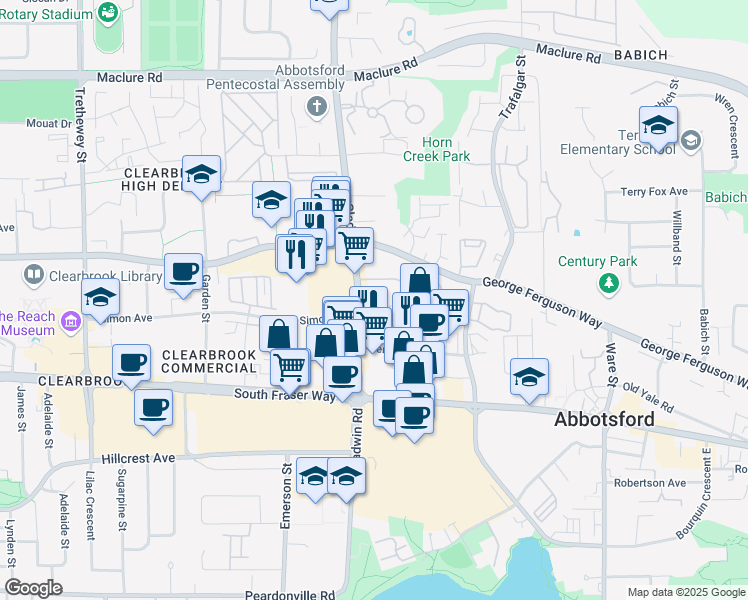 map of restaurants, bars, coffee shops, grocery stores, and more near 32823 Landeau Place in Abbotsford
