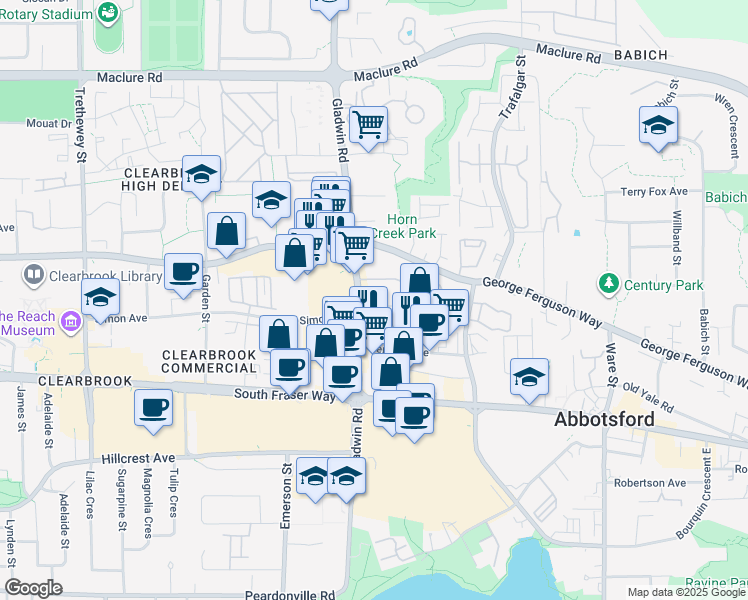 map of restaurants, bars, coffee shops, grocery stores, and more near 32823 Landeau Place in Abbotsford