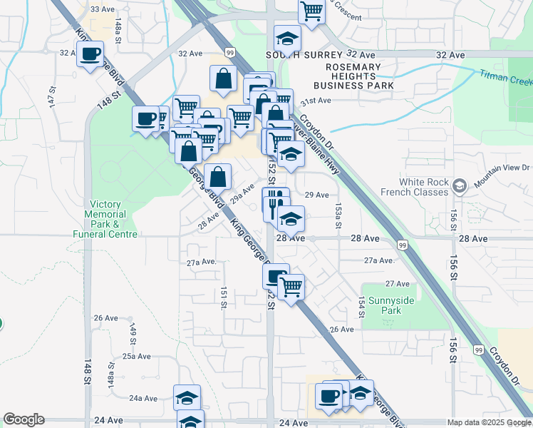 map of restaurants, bars, coffee shops, grocery stores, and more near in Surrey
