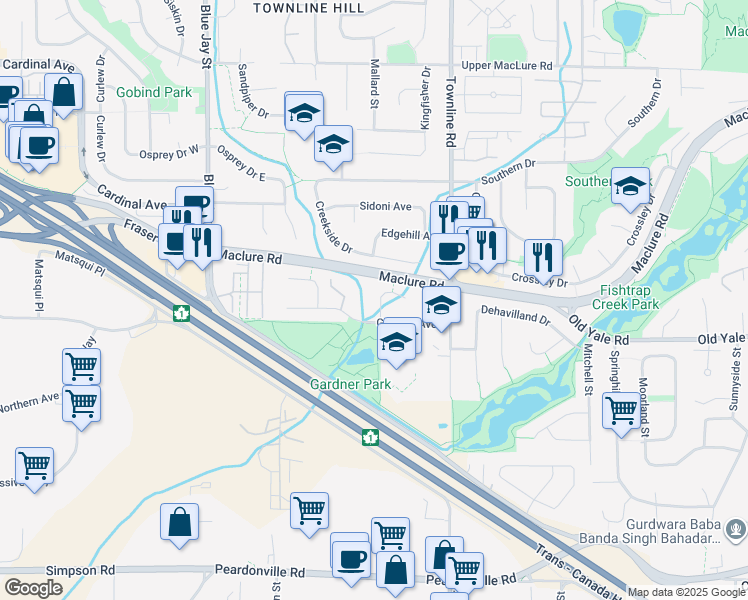 map of restaurants, bars, coffee shops, grocery stores, and more near 2833 Gardner Place in Abbotsford