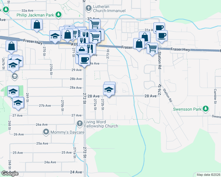map of restaurants, bars, coffee shops, grocery stores, and more near 2844 273 Street in Langley
