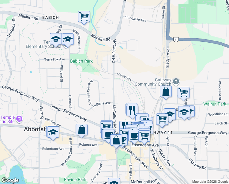 map of restaurants, bars, coffee shops, grocery stores, and more near 2906 McCallum Road in Abbotsford