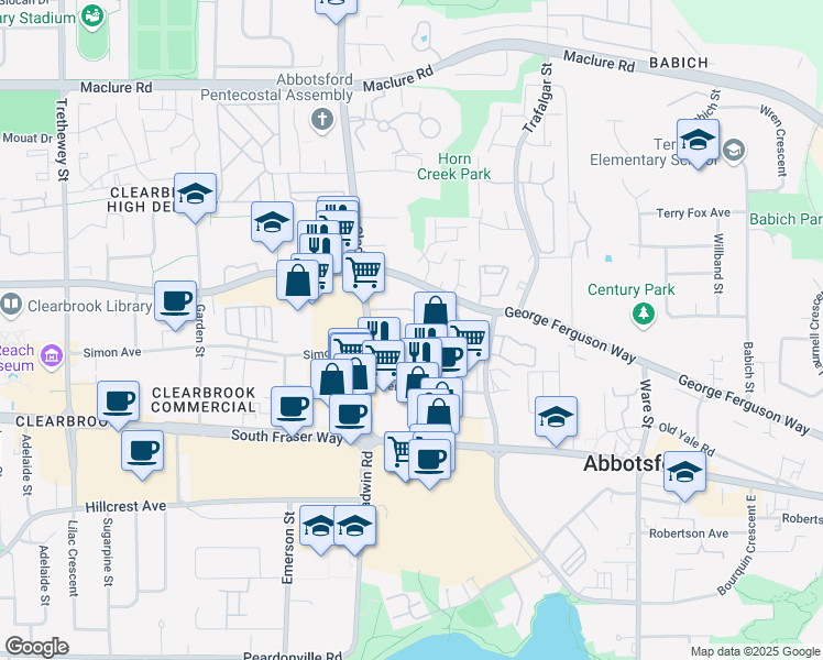 map of restaurants, bars, coffee shops, grocery stores, and more near 32853 Landeau Place in Abbotsford