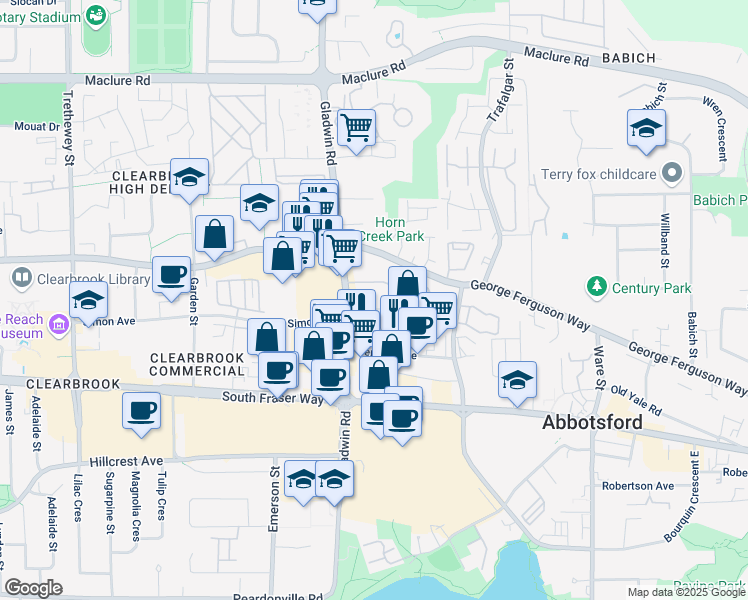 map of restaurants, bars, coffee shops, grocery stores, and more near in Abbotsford