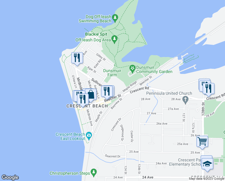 map of restaurants, bars, coffee shops, grocery stores, and more near 12325 Sullivan Street in Surrey