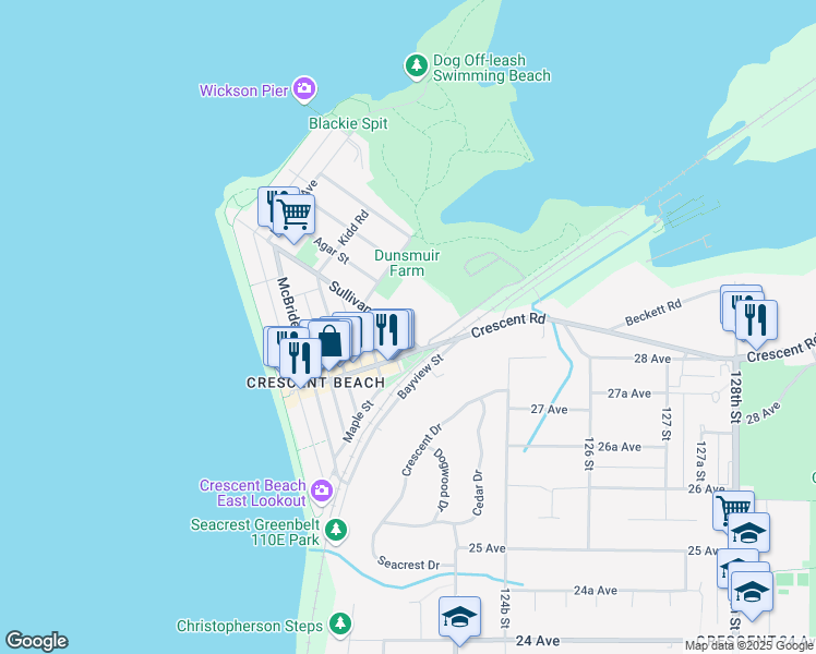 map of restaurants, bars, coffee shops, grocery stores, and more near 12325 Sullivan Street in Surrey