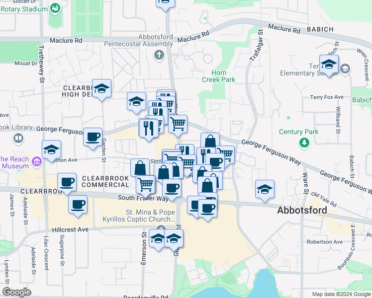 map of restaurants, bars, coffee shops, grocery stores, and more near in Abbotsford