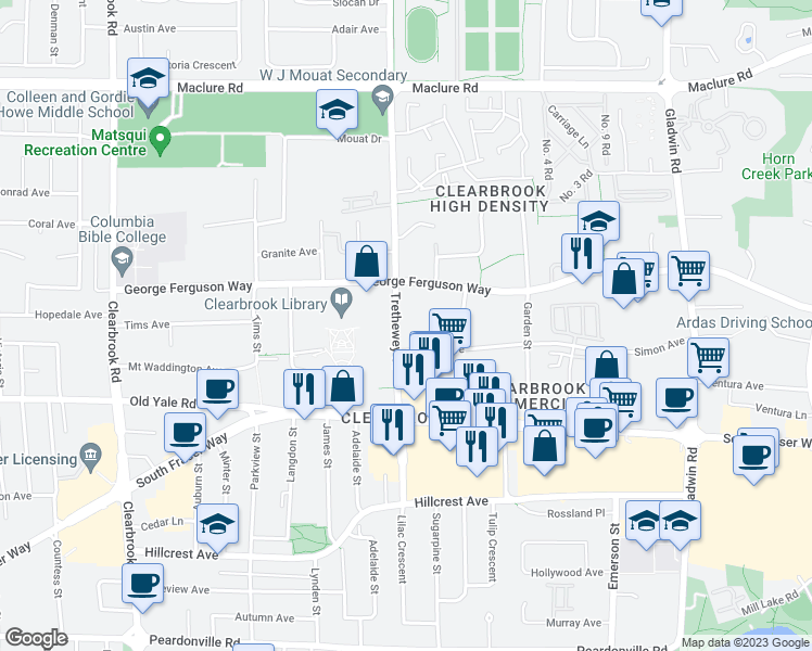 map of restaurants, bars, coffee shops, grocery stores, and more near 2880 Trethewey Street in Abbotsford